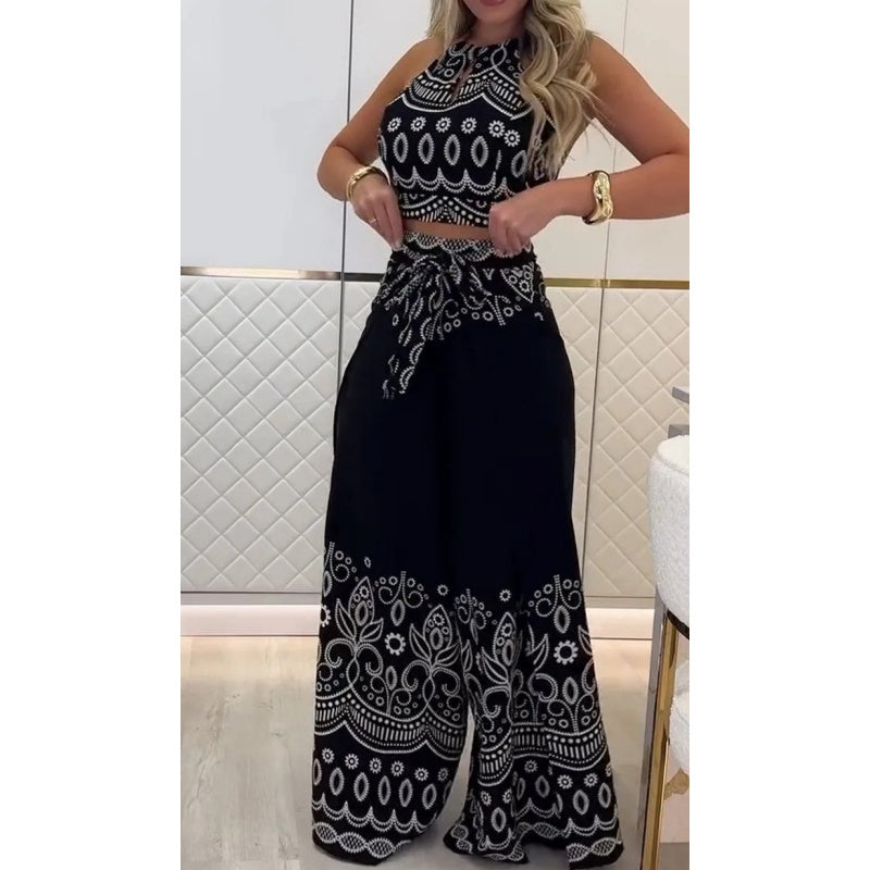 Vintage damesset met etnische patronen, mouwloos topje met open rug en wijde broek