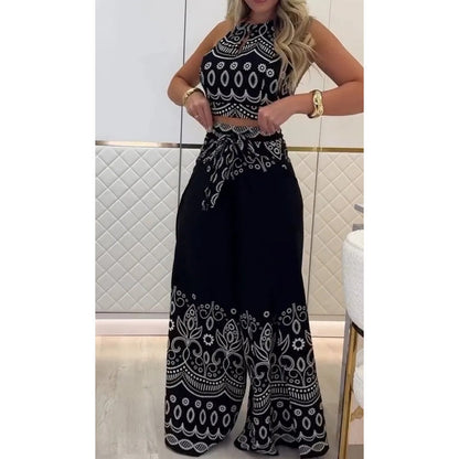 Vintage damesset met etnische patronen, mouwloos topje met open rug en wijde broek