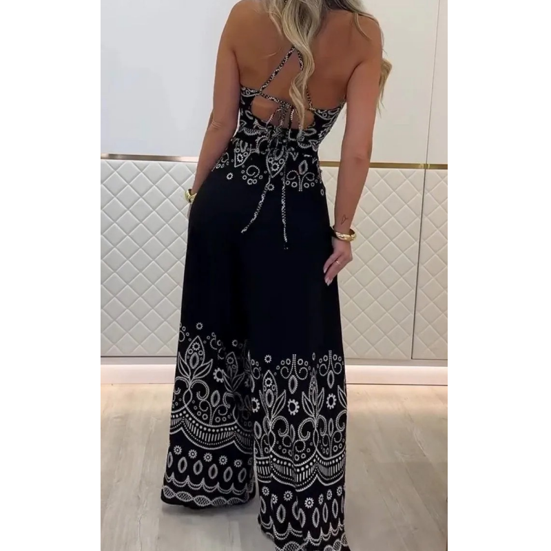 Vintage damesset met etnische patronen, mouwloos topje met open rug en wijde broek