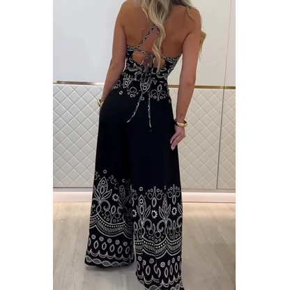 Vintage damesset met etnische patronen, mouwloos topje met open rug en wijde broek