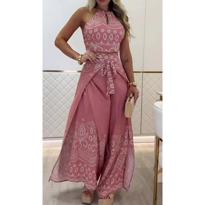 Vintage damesset met etnische patronen, mouwloos topje met open rug en wijde broek