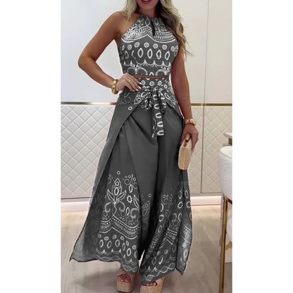 Vintage damesset met etnische patronen, mouwloos topje met open rug en wijde broek