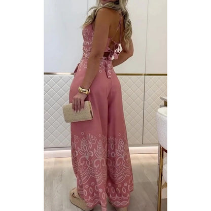 Vintage damesset met etnische patronen, mouwloos topje met open rug en wijde broek